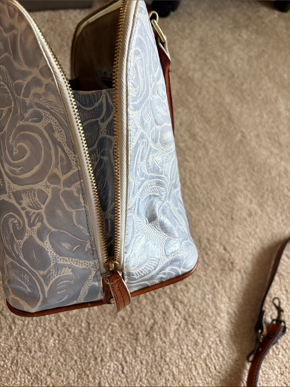 Brahmin Vivian Dome Satchel Blue Floral Embossed with Brown Trim - Picture 11 of 16